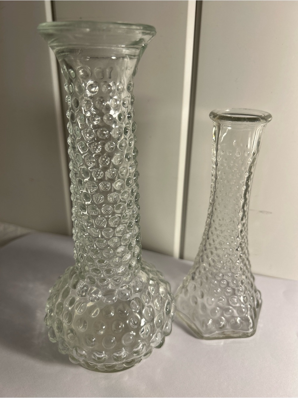 Vintage EO Brody Clear Glass Hobnail Bud Vase LOT Set of 2 Mid Century 6" & 7.5"